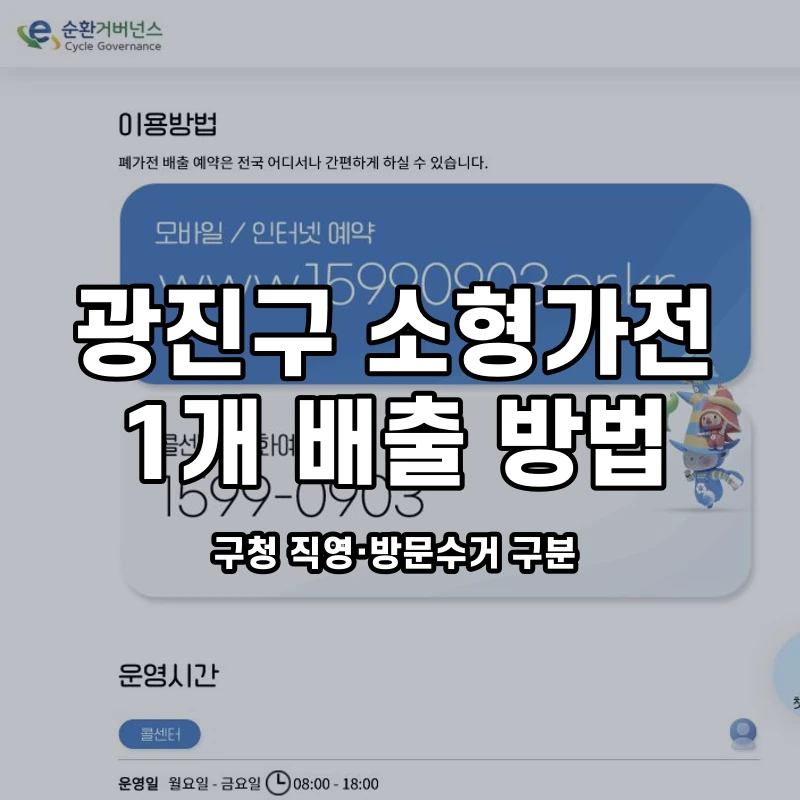 e순환거버넌스 이용안내 화면과 광진구 소형가전 1개 배출 방법