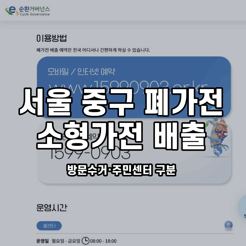 e순환거버넌스 공식 이용안내 화면과 서울 중구 소형가전 배출 안내