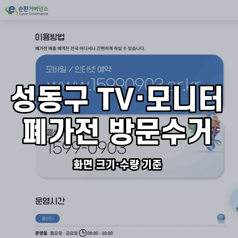 e순환거버넌스 공식 이용안내 화면과 성동구 TV·모니터 수거 기준