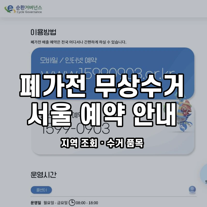 e순환거버넌스 폐가전 무상방문수거 공식 이용안내 화면과 서울 예약 안내